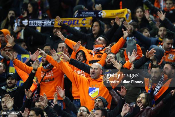 Nicosia fans surport their team prior to the UEFA Champions League group H match between Tottenham Hotspur and APOEL Nicosia at Wembley Stadium on...