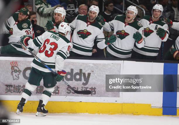 Minnesota Wild left wing Tyler Ennis gets congratulated by the team after scoring a goal against the Los Angeles Kingson December 05 at the Staples...