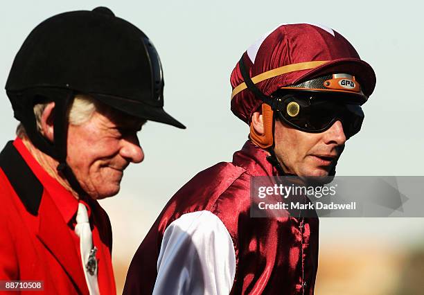 Jockey Peter Mertens riding Denman returns to scale after winning Race One the SMS Scaffolding Handicap during National Jockey Celebration Day on...