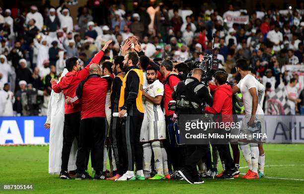 The Al-Jazira team celebrate victory after the FIFA Club World Cup UAE 2017 play off match between Al Jazira and Auckland City FC at on December 6,...
