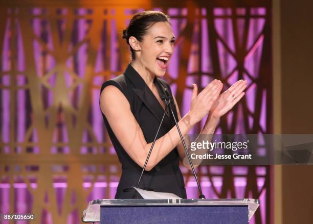 Gal Gadot speaks onstage at The Hollywood Reporter's 2017 Women In Entertainment Breakfast at Milk Studios on December 6, 2017 in Los Angeles,...