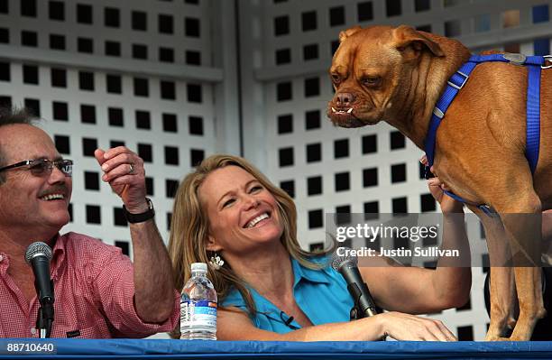 Judges Jon Provost and Karen Halligan inspect Pabst, a boxer mix, during the 21st Annual World's Ugliest Dog Contest at the Sonoma-Marin Fair June...