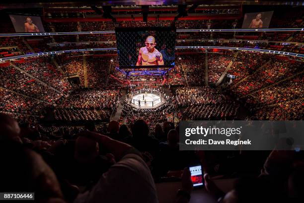 Wide view of Little Caesars Arena during the UFC bout between Max Holloway and Jose Aldo on December 2, 2017 in Detroit, Michigan. Holloway defeated...