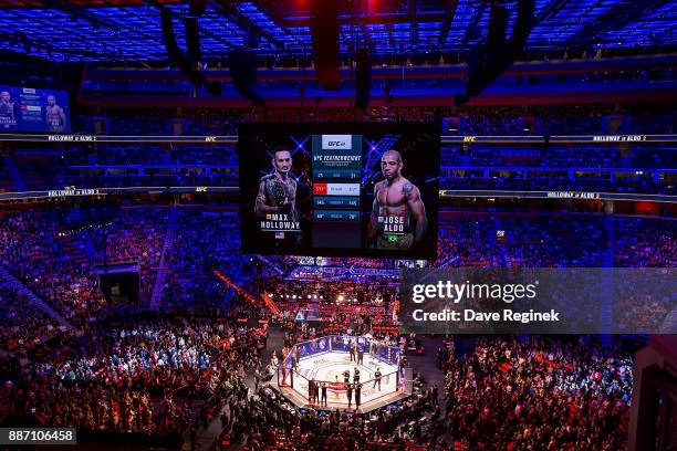 Wide view of Little Caesars Arena before the UFC bout between Max Holloway and Jose Aldo on December 2, 2017 in Detroit, Michigan. Holloway defeated...