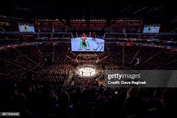 Wide view of Little Caesars Arena during the UFC bout between Max Holloway and Jose Aldo on December 2, 2017 in Detroit, Michigan. Holloway defeated...