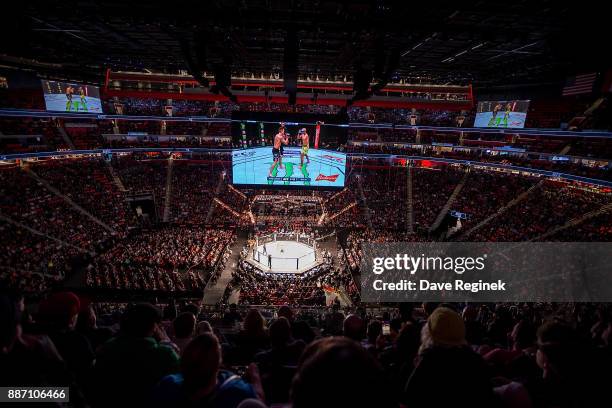 Wide view of Little Caesars Arena during the UFC bout between Max Holloway and Jose Aldo on December 2, 2017 in Detroit, Michigan. Holloway defeated...