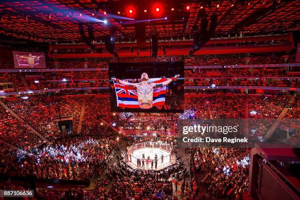 Wide view of Little Caesars Arena before the UFC bout between Max Holloway and Jose Aldo on December 2, 2017 in Detroit, Michigan. Holloway defeated...