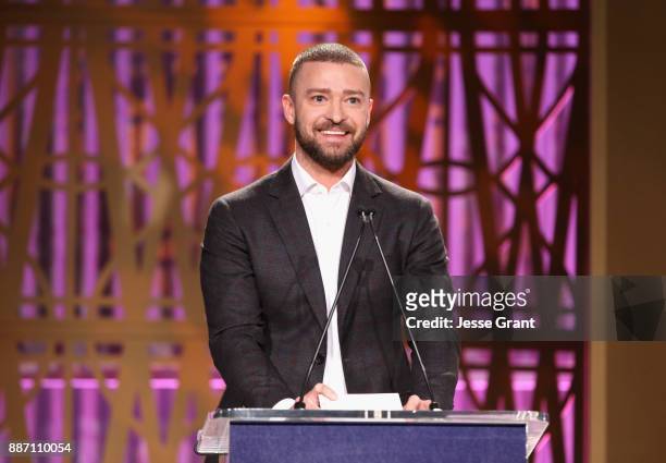 Justin Timberlake speaks onstage at The Hollywood Reporter's 2017 Women In Entertainment Breakfast at Milk Studios on December 6, 2017 in Los...