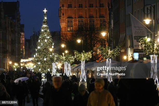 Christmas tree at the Dlugi Targ street near the Neptune fountain is seen in Gdansk, Poland on 6 December 2017 City authoriteies spent over 280.000...