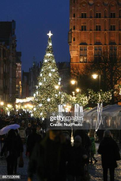 Christmas tree at the Dlugi Targ street near the Neptune fountain is seen in Gdansk, Poland on 6 December 2017 City authoriteies spent over 280.000...