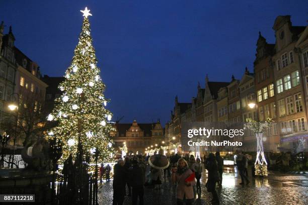 Christmas tree at the Dlugi Targ street near the Neptune fountain is seen in Gdansk, Poland on 6 December 2017 City authoriteies spent over 280.000...