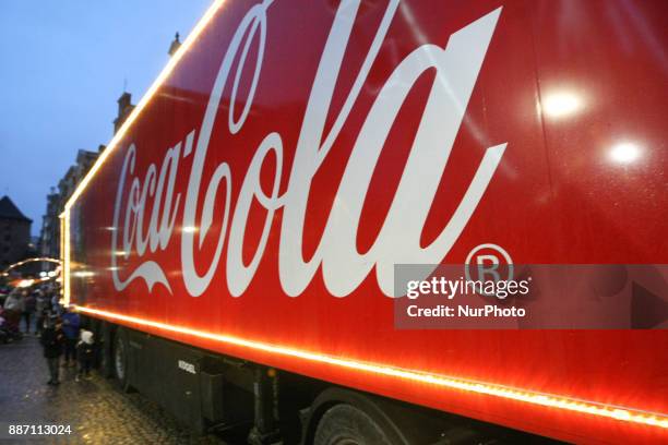 Hundreds of people gather to see the Christmas Coca Cola truck in Gdansk, Poland on 6 December 2017 Freightliner FLD Conventional truck is 16.5 m...