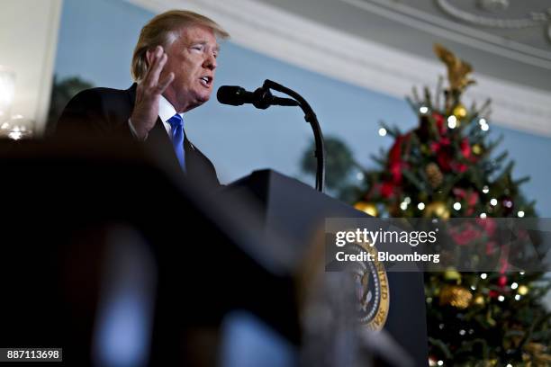 President Donald Trump speaks while making a statement on Jerusalem in the Diplomatic Room of the White House in Washington, D.C., U.S., on...