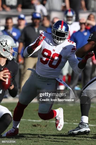 New York Giants defensive end Jason Pierre-Paul rushes the passer during an NFL game at the Oakland Coliseum against the Oakland Raiders on December...