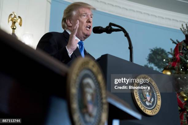 President Donald Trump speaks while making a statement on Jerusalem in the Diplomatic Room of the White House in Washington, D.C., U.S., on...