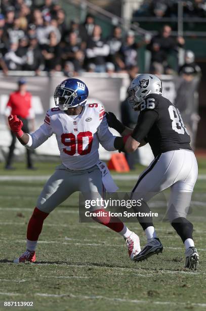 New York Giants defensive end Jason Pierre-Paul follows a play during an NFL game at the Oakland Coliseum against the Oakland Raiders on December 3,...