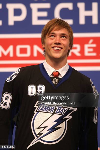 Victor Hedman stands on stage after being picked number two overall in the 2009 NHL Entry Draft by the Tampa Bay Lightning at the Bell Centre on June...