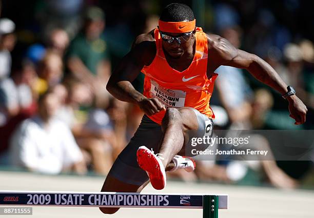 Bershawn Jackson runs in the 400-meter hurdles semifinal during day 2 of the USA Track and Field National Championships on June 26, 2009 at Hayward...