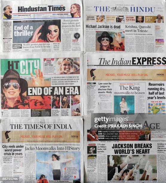Collage of Indian newspaper front pages featuring the death of Michael Jackson in New Delhi, June 27, 2009. The death of the "King of Pop"...