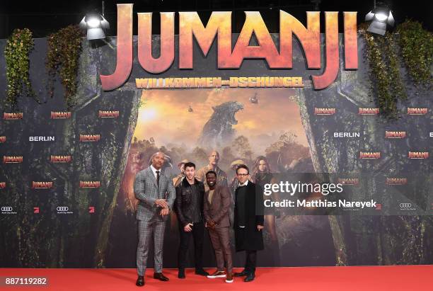 Dwayne Johnson, Nick Jonas, Kevin Hart and Jake Kasdan arrive for the German premiere of 'Jumanji: Willkommen im Dschungel' at Sony Center on...