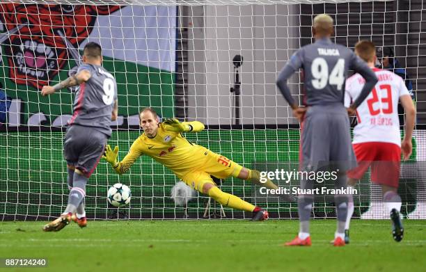 Alvaro Negredo of Besiktas scores his sides first goal from the penalty spot during the UEFA Champions League group G match between RB Leipzig and...