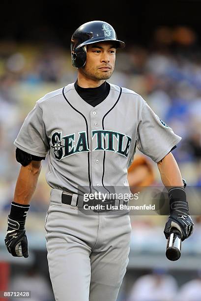 Ichiro Suzuki of the Seattle Mariners walks back to the dugout during the game against the Los Angeles Dodgers at Dodger Stadium on June 26, 2009 in...