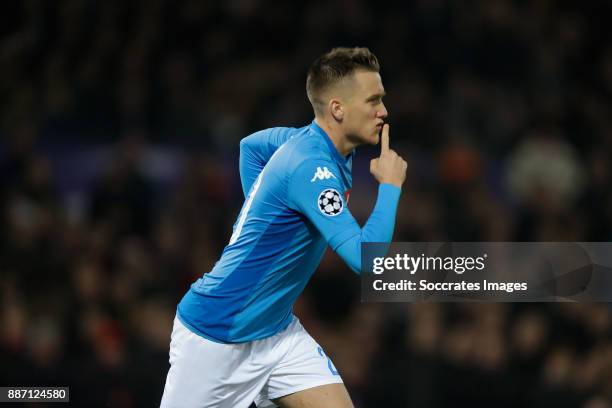 Piotr Zielinksi of Napoli celebrates 0-1 during the UEFA Champions League match between Feyenoord v Napoli at the Feyenoord Stadium on December 6,...