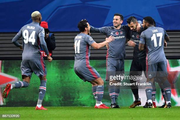 Alvaro Negredo of Besiktas celebrates after scoring his sides first goal with his Besiktas team mates during the UEFA Champions League group G match...