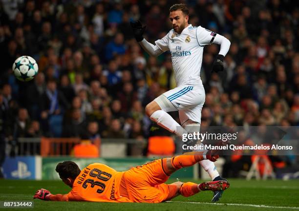 Borja Mayoral of Real Madrid scores his team's first goal during the UEFA Champions League group H match between Real Madrid and Borussia Dortmund at...