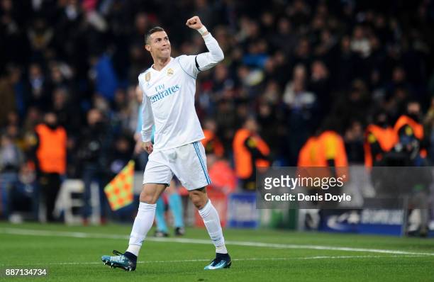 Cristiano Ronaldo of Real Madrid celebrates after scoring his sides second goal during the UEFA Champions League group H match between Real Madrid...