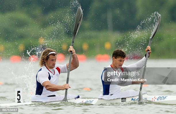 Arnaud Hybois and Etienne Hubert of France in action at the K2 1000m mens semifinal during the Canoe Sprint European Championship at the Brandenburg...