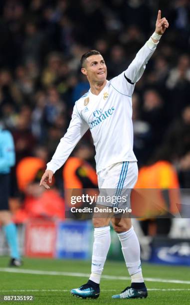 Cristiano Ronaldo of Real Madrid celebrates after scoring his sides second goal during the UEFA Champions League group H match between Real Madrid...