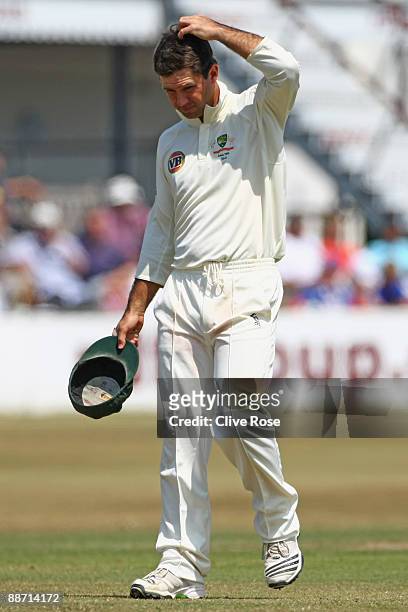 Ricky Ponting of Australia scratches his head on day four of the tour match between Sussex and Australia on June 27, 2009 in Hove, England.