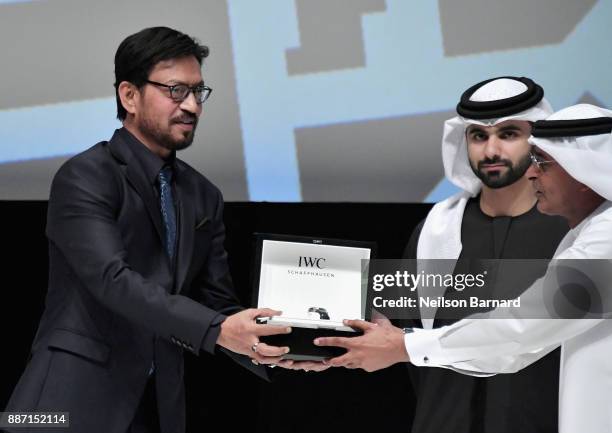 Irrfan Khan on stage after he received his Honorary Award from HH Sheikh Mansoor bin Mohammed bin Rashid Al Maktoum and DIFF Chairman Abdulhamid Juma...