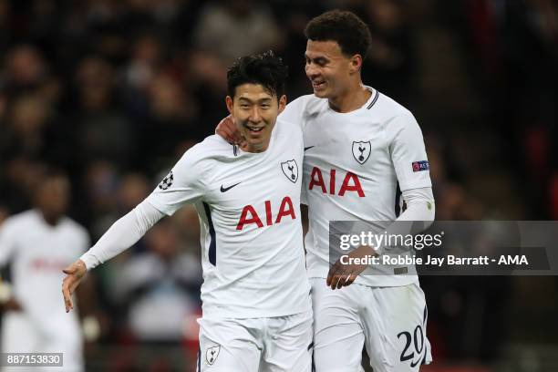 Son Heung-Min of Tottenham Hotspur celebrates after scoring a goal to make it 2-0 during the UEFA Champions League group H match between Tottenham...