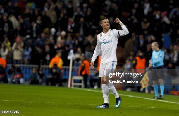 Cristiano Ronaldo of Real Madrid celebrates after scoring a goal during the UEFA Champions League group H match between Real Madrid and Borussia...