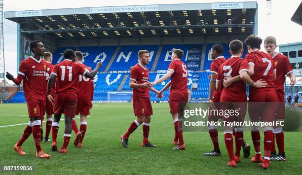 Curtis Jones of Liverpool celebrates his goal with his team mates Rafael Camacho, George Johnston, Bobby Adekanye, Ben Woodburn, Herbie Kane, Conor...