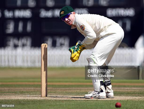Brad Haddin of Australia looks on as the ball rolls past him on day four of the tour match between Sussex and Australia on June 27, 2009 in Hove,...