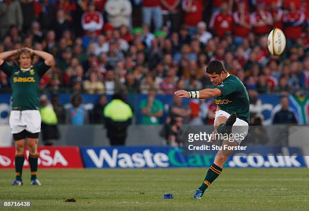 Sprinboks replacement Morne Steyn kicks the winning penalty during the Second Test match between the South Africa and the British and Irish Lions at...