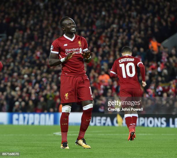 Sadio Mane of Liverpool Celebrates the forth goal during the UEFA Champions League group E match between Liverpool FC and Spartak Moskva at Anfield...