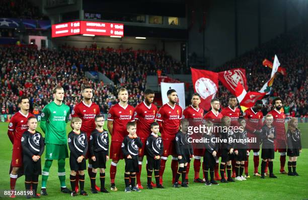 The Liverpool team line up prior to the UEFA Champions League group E match between Liverpool FC and Spartak Moskva at Anfield on December 6, 2017 in...