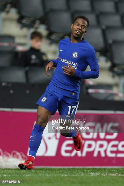 Charly Musonda of Chelsea celebrates after scoring his sides fourth goal during the Checkatrade Trophy Second Round match between Milton Keynes Dons...