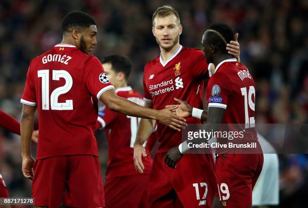 Sadio Mane of Liverpool celebrates after scoring his sides fifth goal with Joe Gomez of Liverpool and Ragnar Klavan of Liverpool during the UEFA...