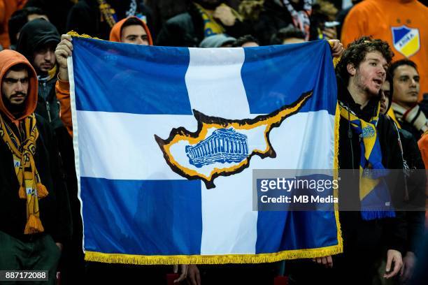 Nicosia fans with flag during the UEFA Champions League group H match between Tottenham Hotspur and APOEL Nicosia at Wembley Stadium on December 6,...