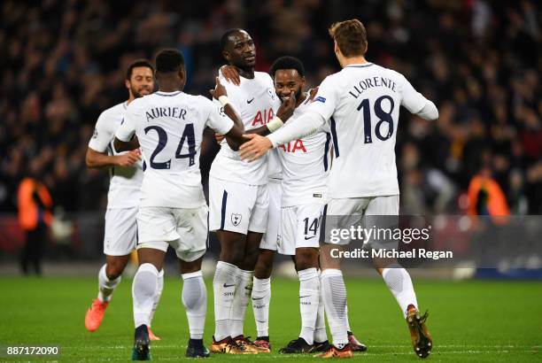 Georges-Kevin Nkoudou of Tottenham Hotspur celebrates after scoring his sides third goal with his Tottenham Hotspur team mates during the UEFA...