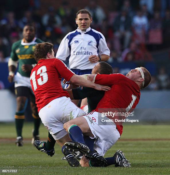 Gethin Jenkins and Brian O'Driscoll of the Lions colide on the park during the Second Test match between South Africa and the British and Irish Lions...