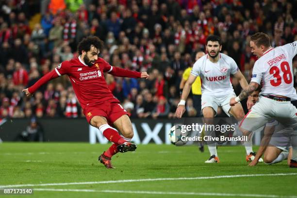 Mohamed Salah of Liverpool scores his sides seventh goal during the UEFA Champions League group E match between Liverpool FC and Spartak Moskva at...