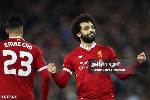 Mohamed Salah of Liverpool celebrates after scoring his sides sixth goal during the UEFA Champions League group E match between Liverpool FC and...