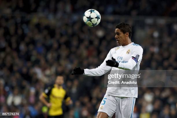 Rafael Varane of Real Madrid in action during the UEFA Champions League group H match between Real Madrid and Borussia Dortmund at Santiago Bernabeu...