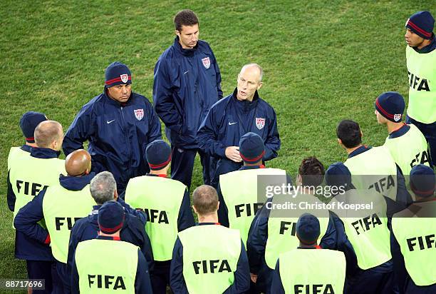 National coach Bob Bradley of the USA speaks to the team during the training session at Ellis Park Stadium on June 27, 2009 in Johannesburg, South...